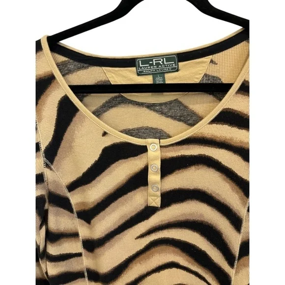 L-RL Lauren Active Ralph Lauren Black Brown 3/4 Sleeve Henley Top Size Large - Picture 4 of 4